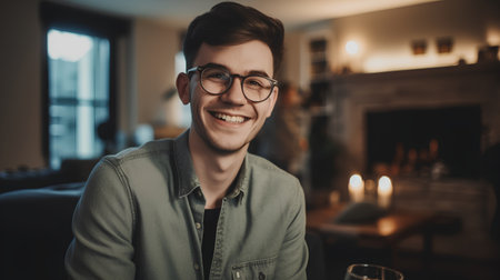 Portrait of handsome young man in eyeglasses looking at camera and smiling while sitting at homeの素材