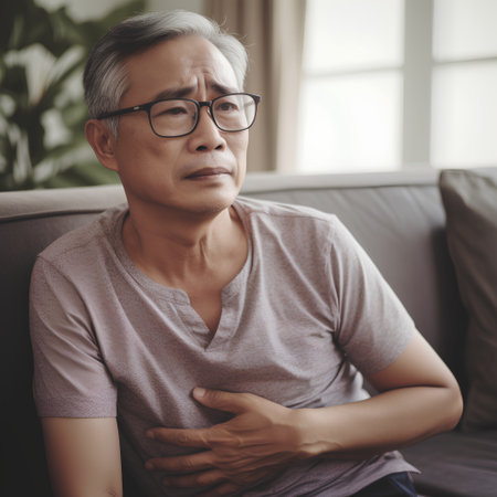 Asian senior man suffering from stomachache while sitting on sofa at homeの素材