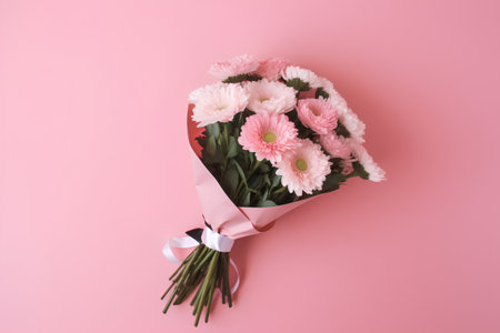 Pink gerbera bouquet on pink background. Flat lay, top viewの素材