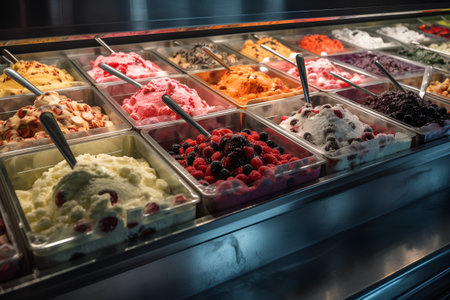 Different flavors of ice cream in a metal box. Toned.の素材