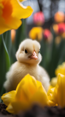 Cute little yellow duckling with tulips on the background.の素材