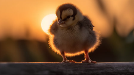 Cute little chicken standing on a wooden fence and looking at the sunsetの素材