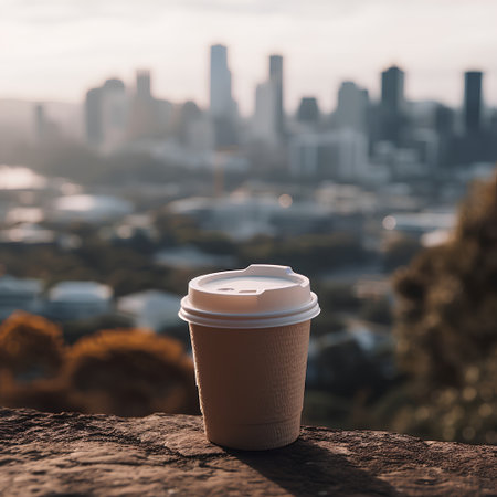 Coffee cup on the background of the city at sunset.の素材