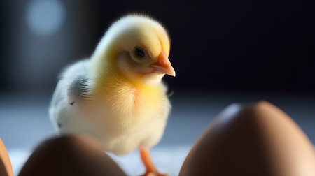 Cute little yellow chicken and egg on dark background, closeupの素材