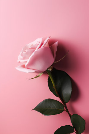 Pink rose on a pink background. Flat lay, top view.の素材