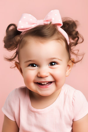 Portrait of a cute smiling little girl with a pink bow on her head.の素材