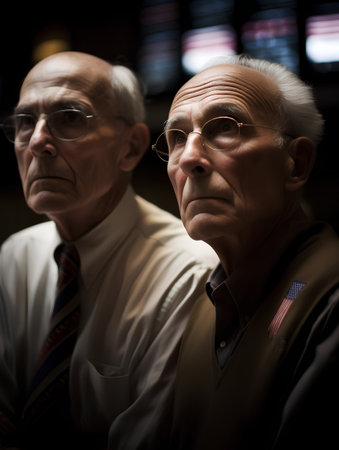 Portrait of two senior men looking at the camera in the darkの素材