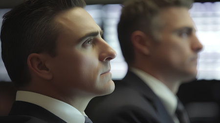 Portrait of two handsome businessmen looking at each other in office.の素材