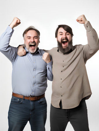 two happy men celebrating success isolated on white background, full length portraitの素材