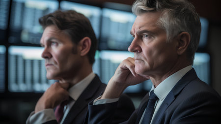 Portrait of serious mature businessman and his colleague looking away in officeの素材