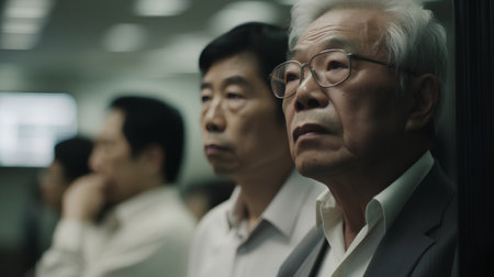 Asian senior businessman looking out the window with group of business people in background.の素材