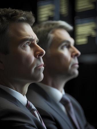 Portrait of two businesspeople in a row looking at each otherの素材