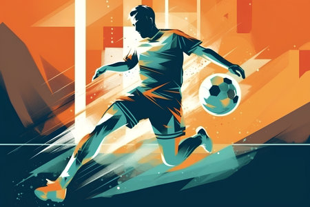 Soccer player with ball in action on abstract background. Vector illustrationの素材