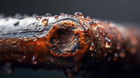 Close-up of a rusty metal pipe. Macro photo with shallow depth of field.の素材