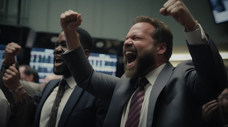 Businessmen Celebrating Successful Achievement Concept. Portrait Of Excited Businesspeople Celebrating Victory In Office.の素材