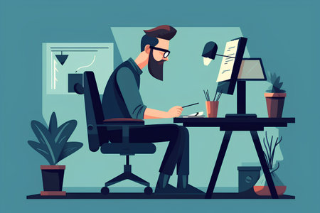 Hipster businessman working in office. Vector illustration in flat styleの素材
