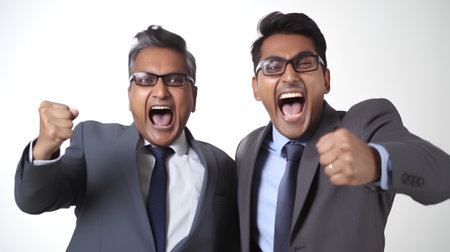 two indian business men shouting and celebrating success on white background.の素材