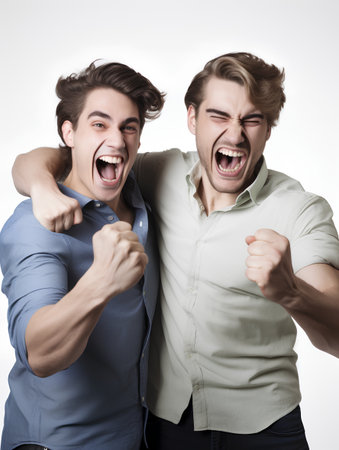 Two happy young guys in casual clothes shouting and gesturing on white backgroundの素材