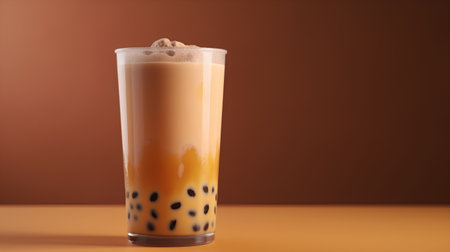 Iced Thai Milk Tea with Bubbles on Brown Background. 3d Renderingの素材
