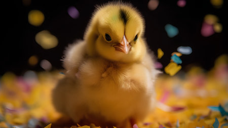 Cute little yellow chicken and colorful confetti on black background.の素材