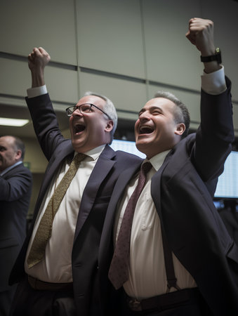 Businessmen celebrating success with arms raised in a corridor of a modern officeの素材