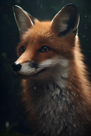 Portrait of a red fox on a dark background with rain.の素材