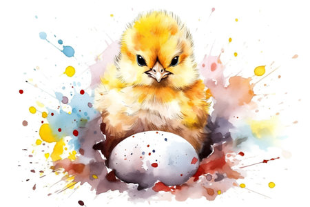 Easter chick with egg. Watercolor painting on white background.の素材