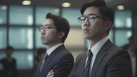 Portrait of two young Asian businessmen looking at camera in office.の素材