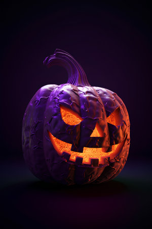 Glowing Halloween pumpkin on dark background, 3D rendering with clipping pathの素材