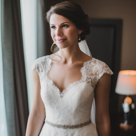 Portrait of beautiful bride in white wedding dress posing in hotel roomの素材