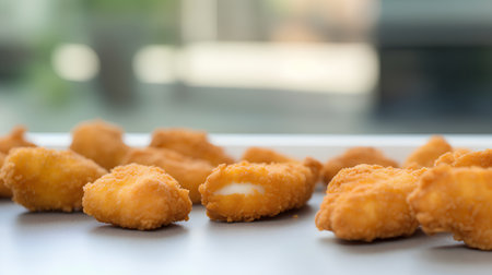 Fried chicken nuggets on a white background. Selective focus.の素材