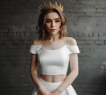 Portrait of a beautiful girl in a white T-shirt and a crown on her headの素材