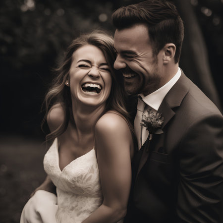 Happy bride and groom on their wedding day. Black and white photo.の素材