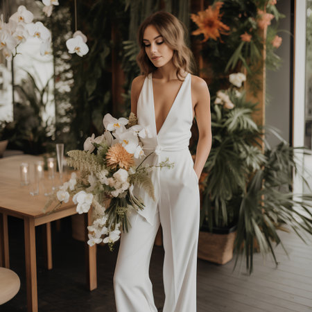 beautiful blonde girl in a white dress with a bouquet of flowersの素材