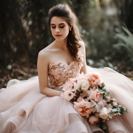 Beautiful bride in elegant wedding dress with bouquet of flowers.の素材