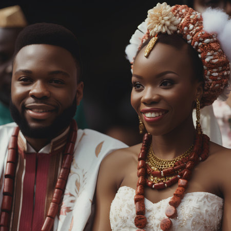 Stylish african american couple in traditional clothes posing outdoors.の素材