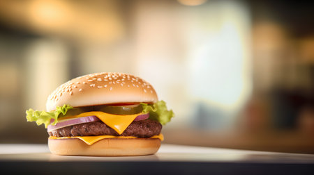 Close up of hamburger on table in restaurant. Toned imageの素材