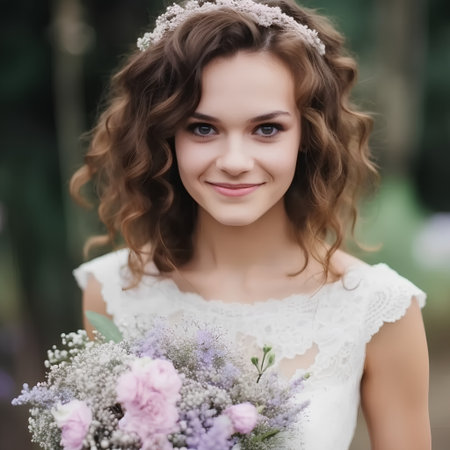 Portrait of beautiful young bride with bouquet of flowers in parkの素材