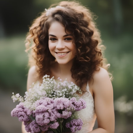 Portrait of beautiful bride with bouquet of flowers in her handsの素材