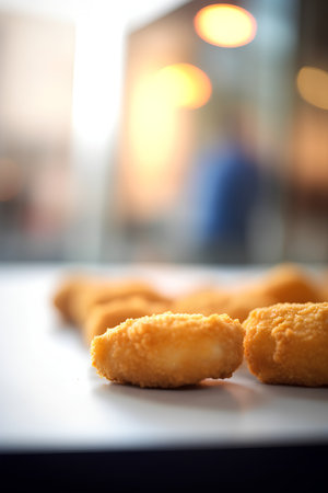 Fried chicken nuggets on a white plate. Selective focus.の素材