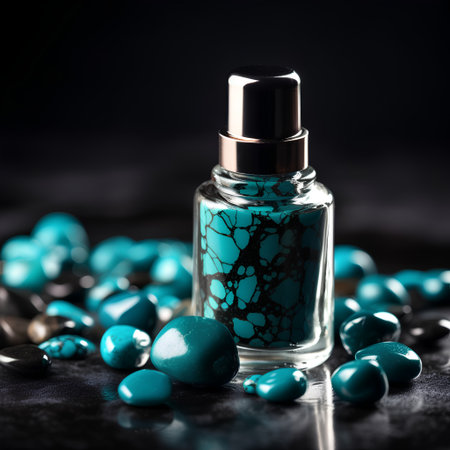 Beautiful perfume bottle with turquoise beads on a dark backgroundの素材