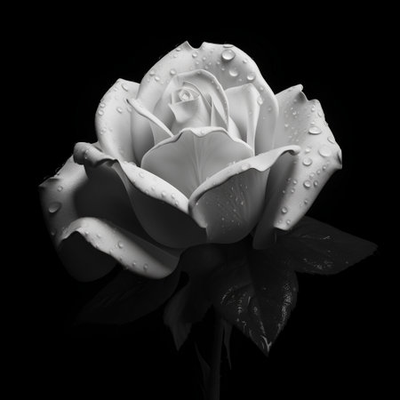 Beautiful white rose with water drops isolated on black background, monochromeの素材