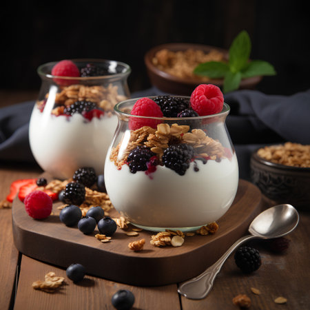 Yogurt with granola and fresh berries in glass on wooden backgroundの素材