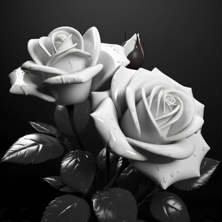 Black and white roses on a black background. 3d rendering.の素材