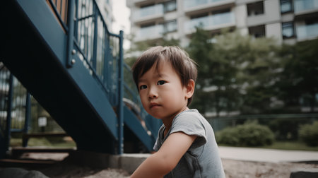cute asian child playing on playground in the city, selective focusの素材
