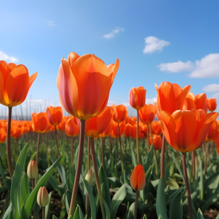 Orange tulips on a background of blue sky with clouds. Spring landscapeの素材