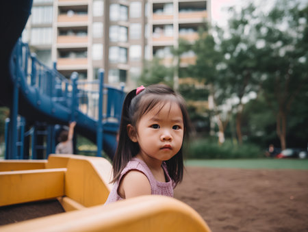 Cute asian little girl playing on playground in the park.の素材