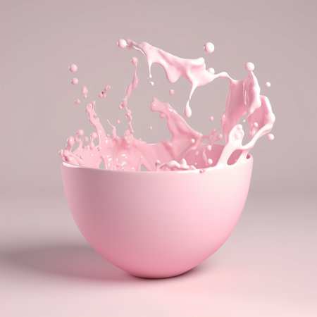 Pink milk splash in a bowl. 3d rendering, 3d illustration.の素材
