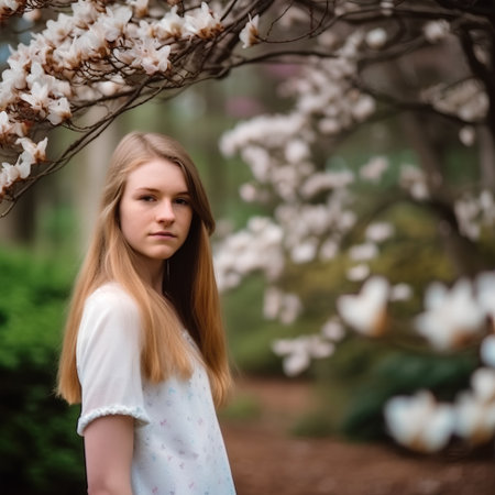 Portrait of a beautiful girl in a blooming magnolia gardenの素材