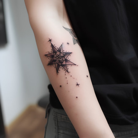 Close up of a tattoo on the arm of a young woman.の素材